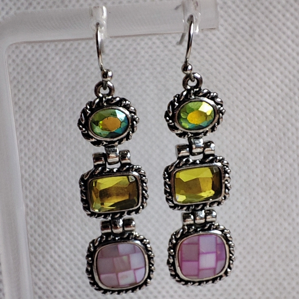 Lia Sophia Signed Oval Green Iridescent Glass Stones Faux Abalone Earrings EUC